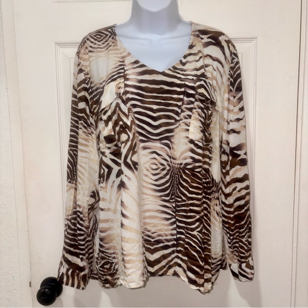 Chico's Long sleeve Brown and Cream Animal Print Blouse (w/ minor flaw)